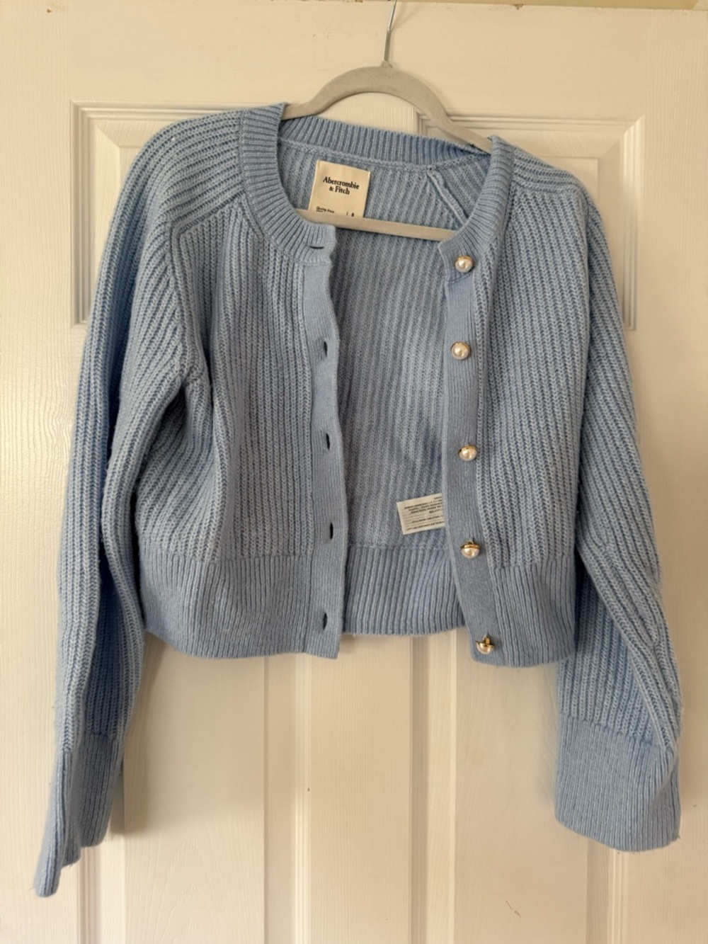 Abercrombie & Fitch Powder Blue Cropped Ribbed Cardigan with Pearl Buttons